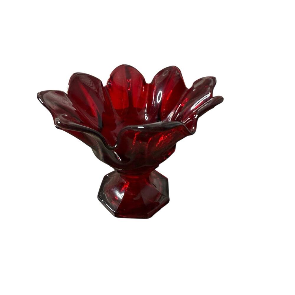 VTG‎ Ruby Red Tulip Candy Bowl Dish Fostoria Style Fluted Edge Pedestal Footed